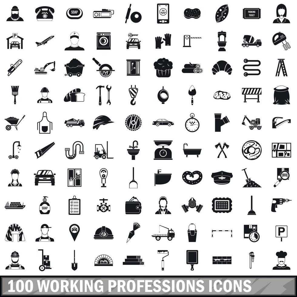 100 arbetande yrken ikoner set, enkel stil vektor