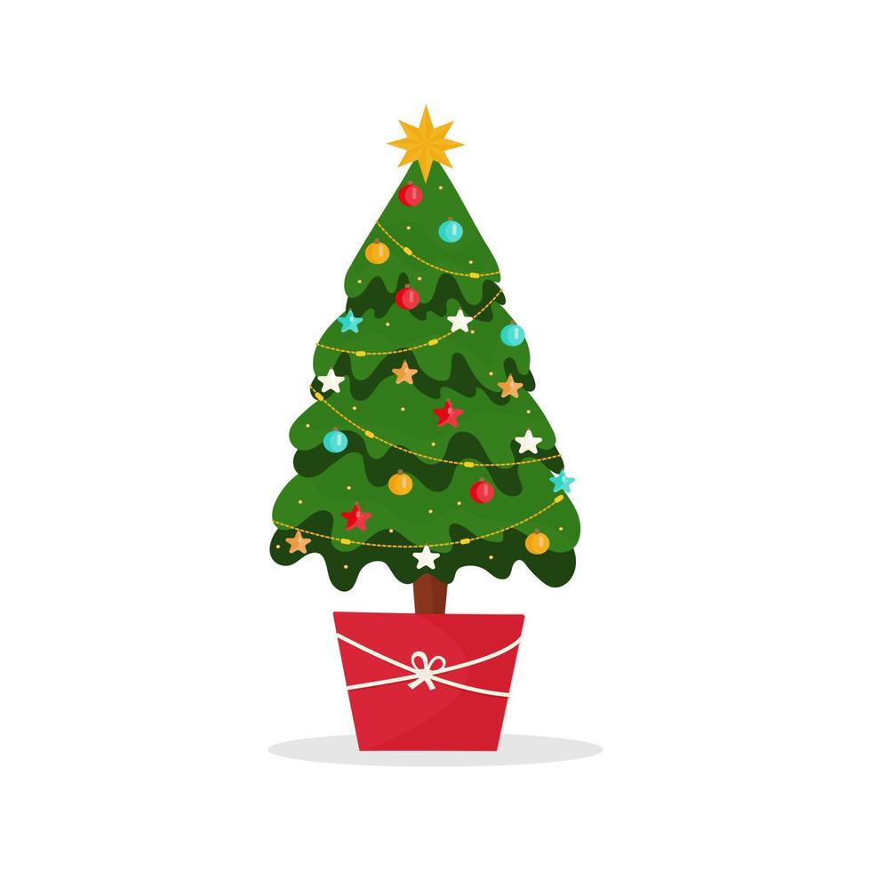 Geschmückter Weihnachtsbaum im Topf. auf Nadelkugeln, Girlande, heller Stern. vielseitige Gestaltung. isoliertes Bild. Vektorillustration, flach vektor