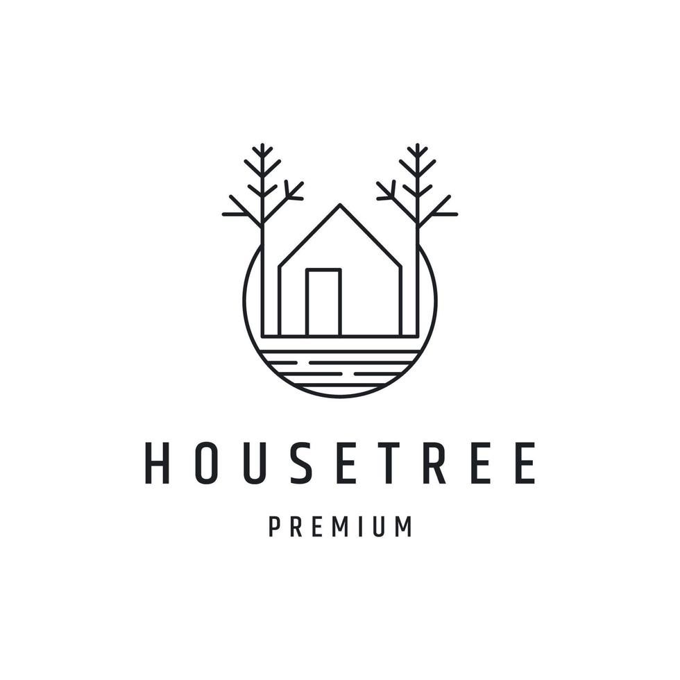 hus träd logotyp design med linjekonst på vit bakgrund vektor