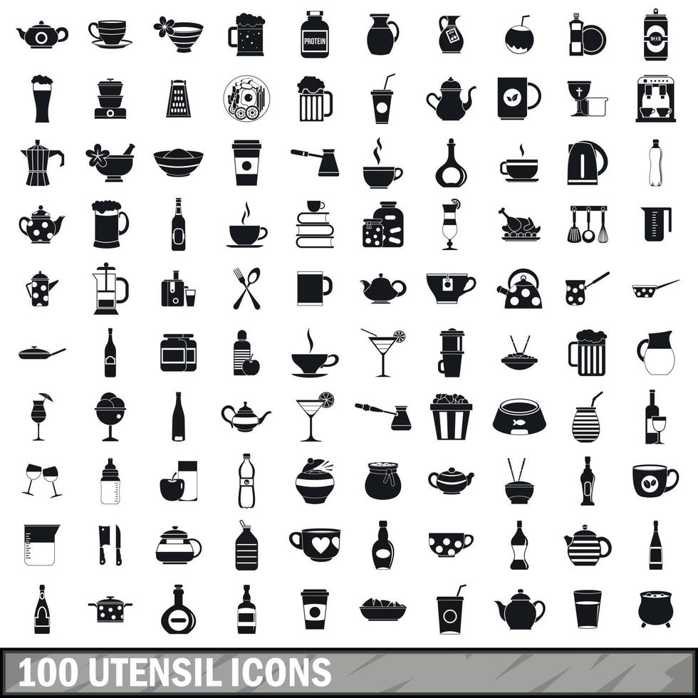 100 Utensilien-Icons gesetzt, einfacher Stil vektor