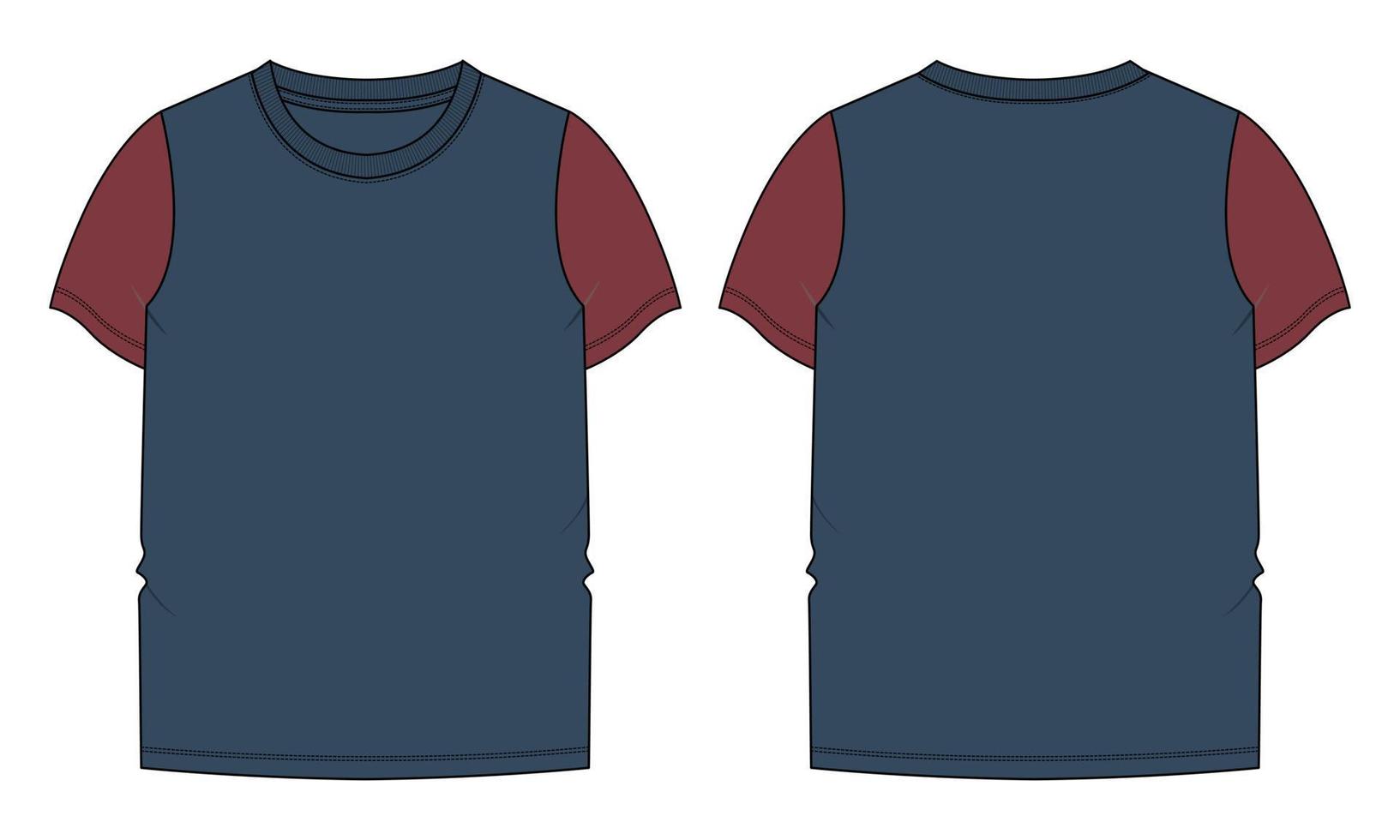 kurzärmliges T-Shirt, Vektorgrafik, marineblaue Farbvorlage, Vorder- und Rückansicht vektor