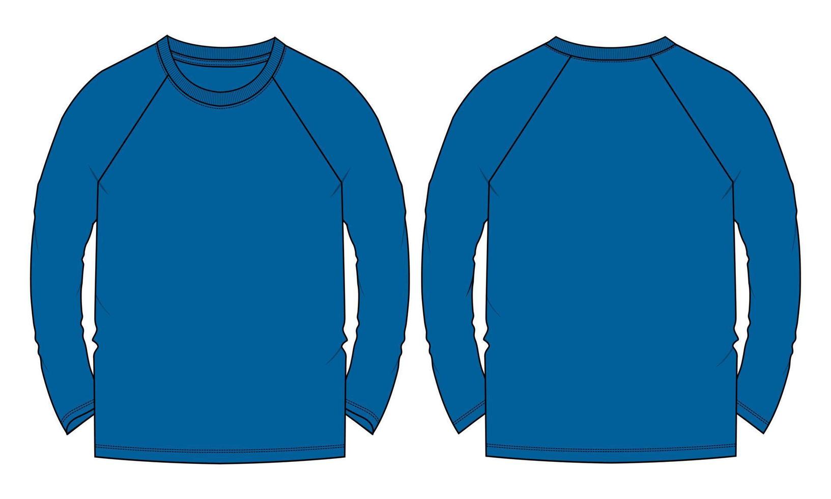 raglan langarm t-shirt technische mode flache skizze vektor illustration blaue farbvorlage