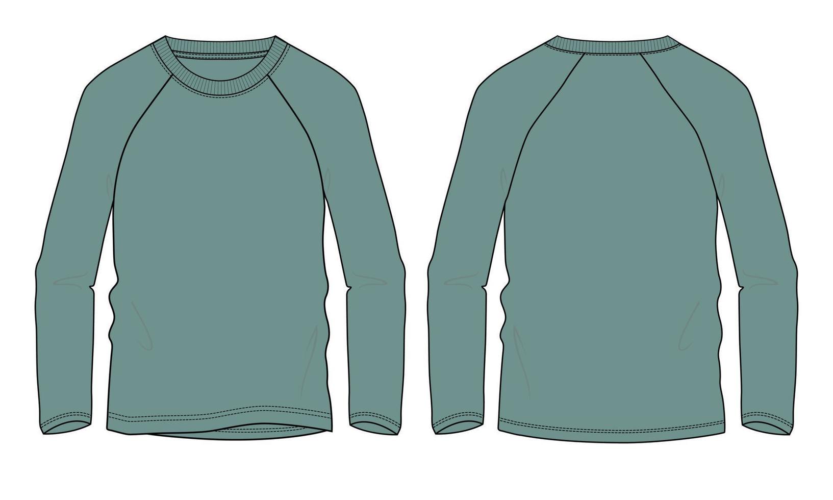 raglan långärmad t-shirt teknisk mode platt skiss vektor illustration grön färg mall