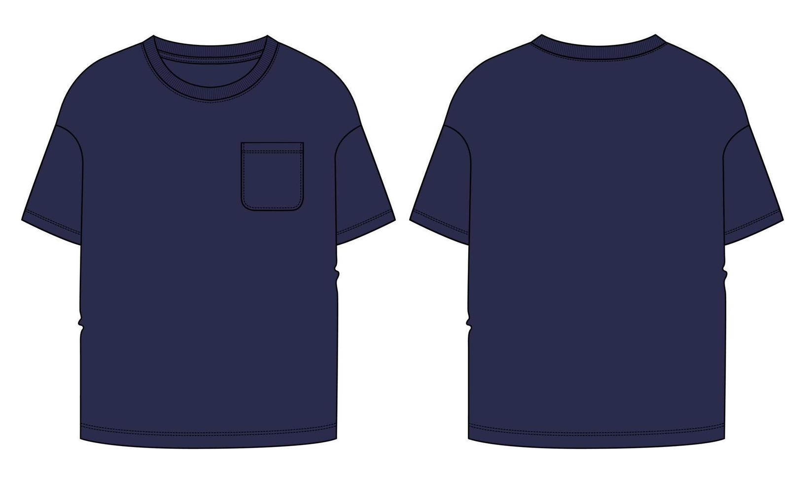 kurzärmliges T-Shirt, Vektorgrafik, marineblaue Farbvorlage, Vorder- und Rückansicht vektor