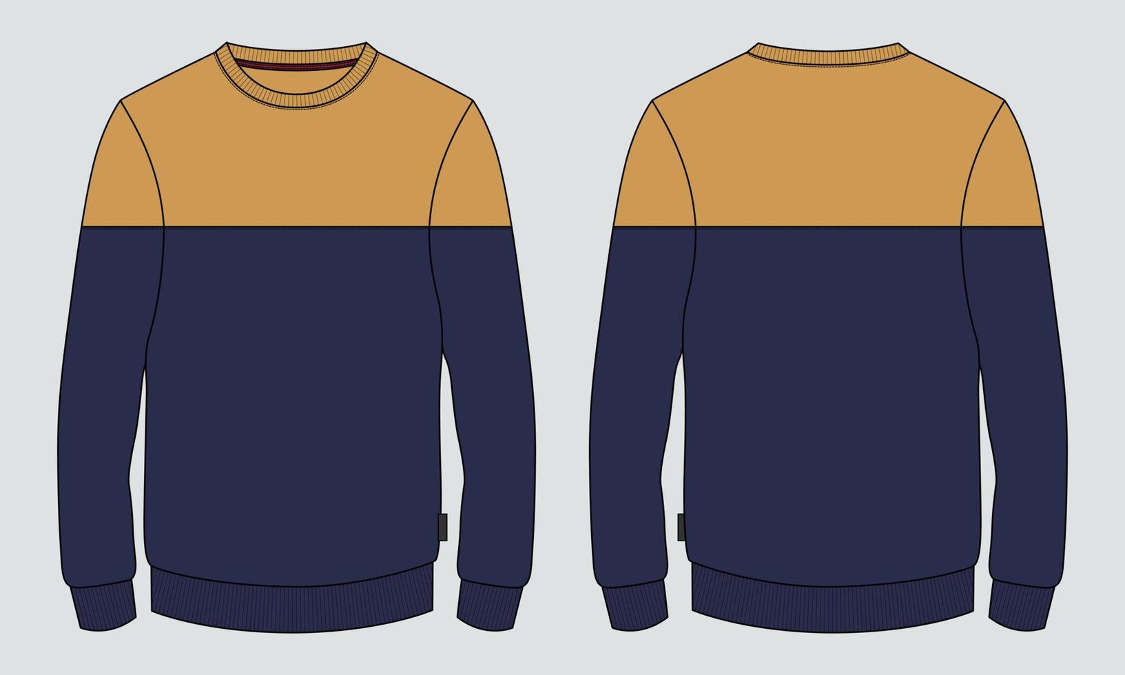 zweifarbiges Langarm-Sweatshirt technische Mode flache Skizzenvektorillustrationsvorlage Vorder- und Rückansicht vektor