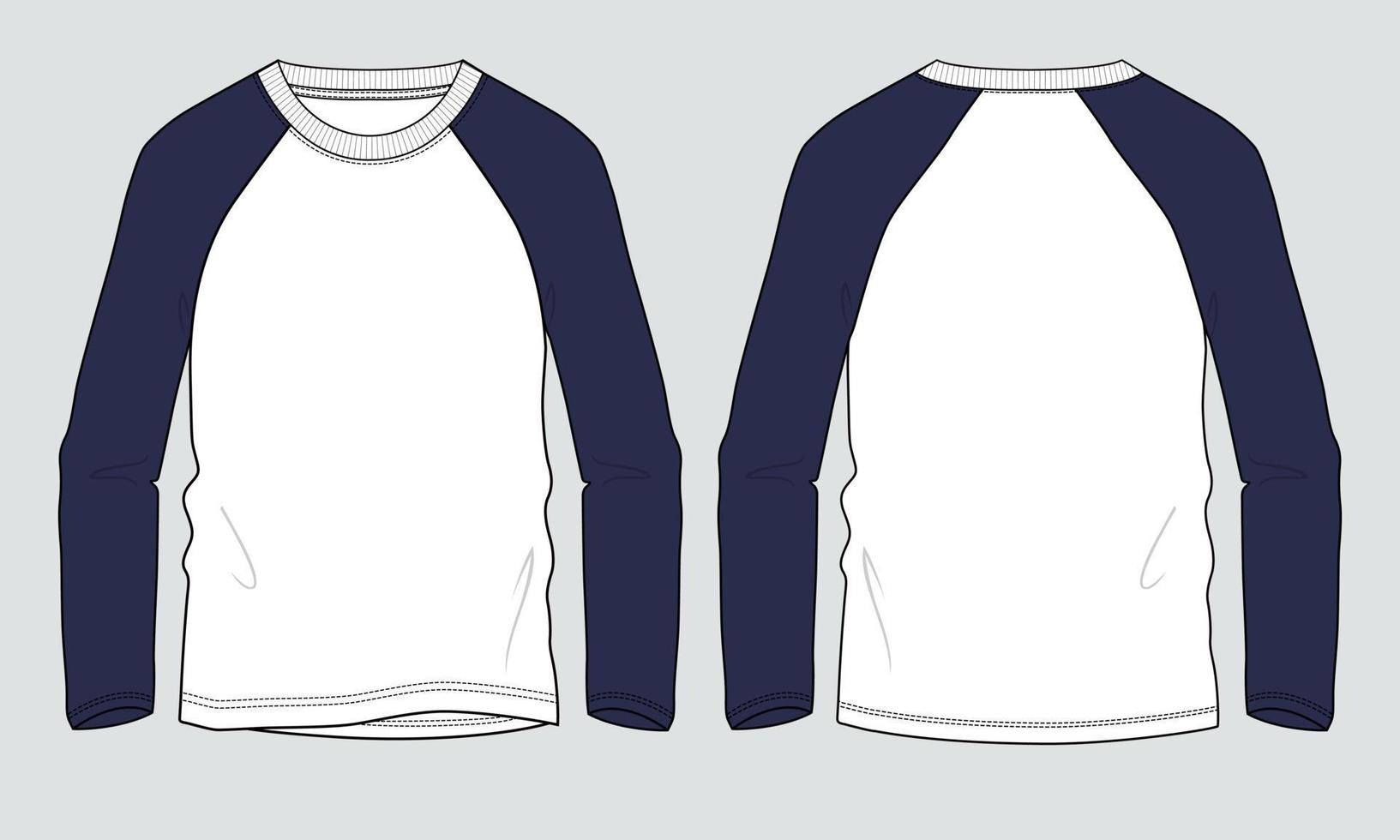 zweifarbige Raglan-Langarm-T-Shirt-Vektorillustrationsvorlage Vorder- und Rückansicht vektor