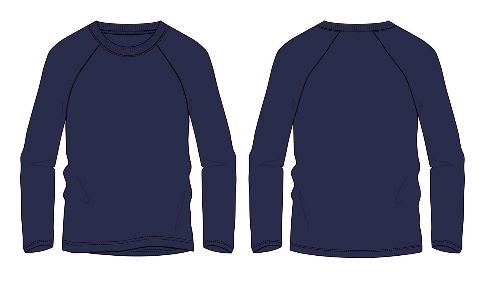 raglan långärmad t-shirt tekniskt mode platt skiss vektorillustration marinblå färgmall vektor