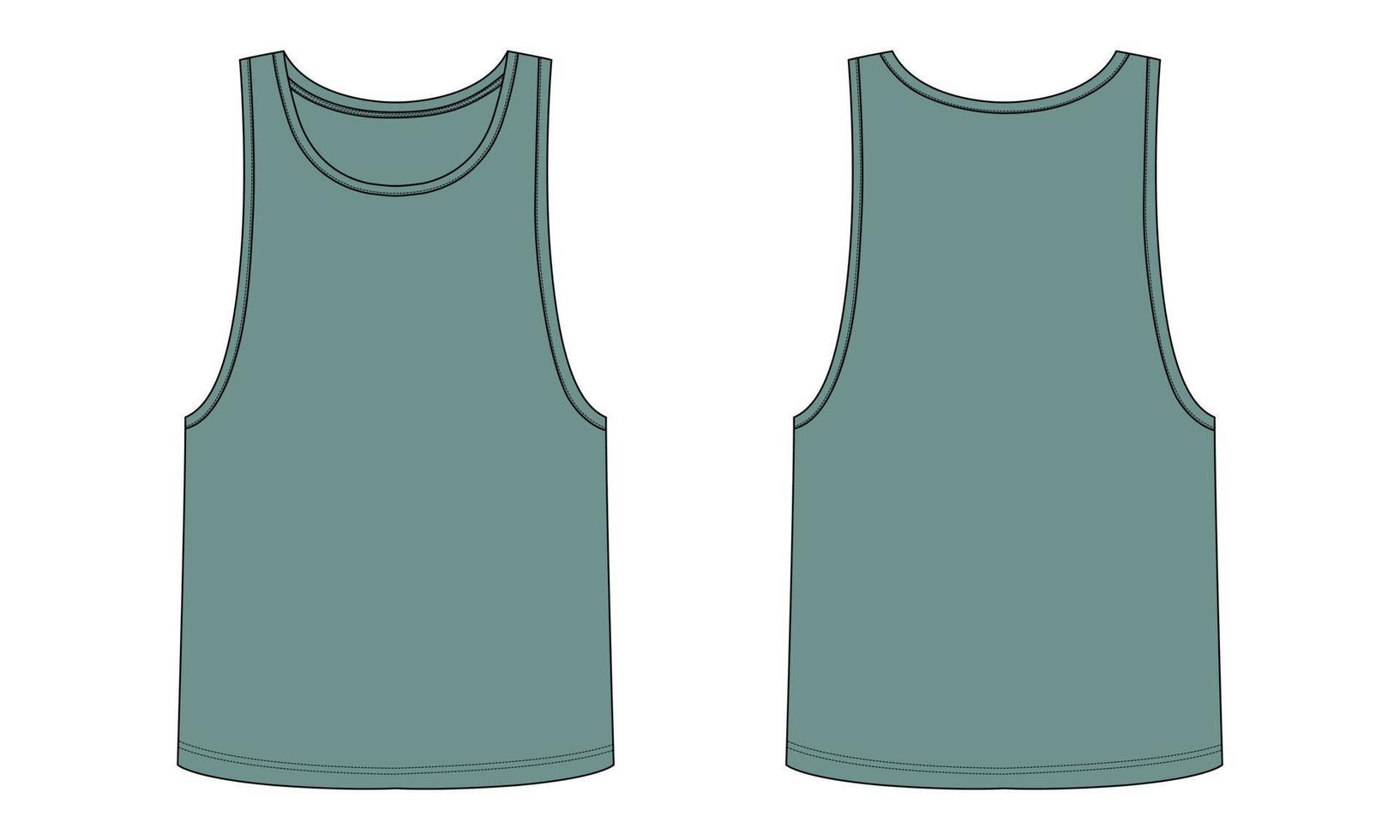 Tanktop technische Mode flache Skizze Vektor Illustration grüne Farbe Vorlage Vorder- und Rückansicht isoliert auf weißem Hintergrund.