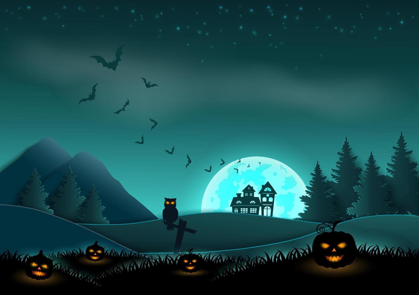 halloween natt landskap bakgrund på papper konst stil vektor