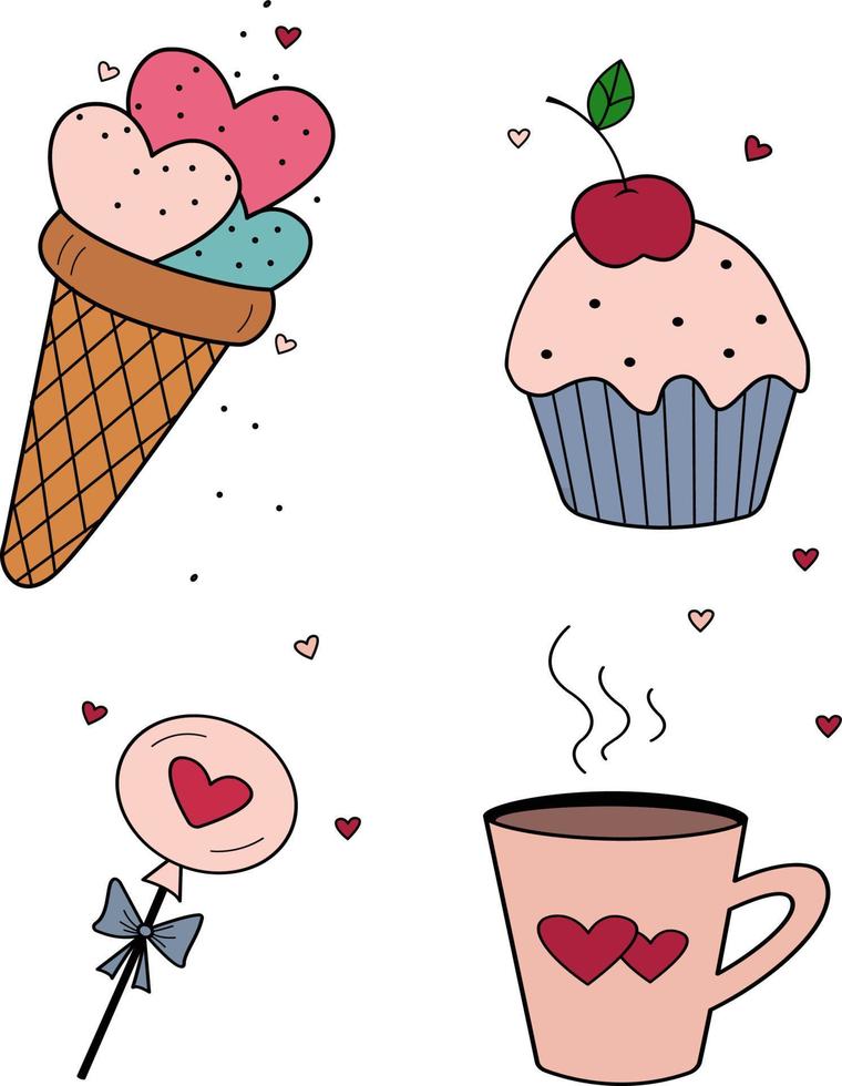 söt uppsättning med glass, cupcake, godis, kaffemugg för alla hjärtans dag, bröllop, romantisk händelse. konturvektorikoner för webbplatser och gränssnitt, mobilapplikationer, ikoner, vykort. ett bra set. vektor