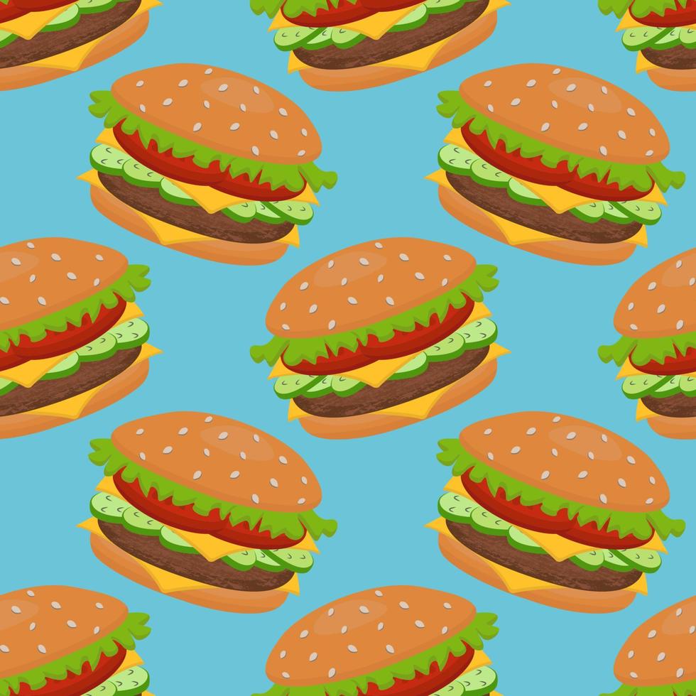 Vektor Musterdesign mit einem Hamburger. Es kann für Textilien, Website-Hintergründe, Buchumschläge, Verpackungen, Geschenkpapier, Kochbücher, Restaurantmenüs verwendet werden. Lebensmittelillustration.