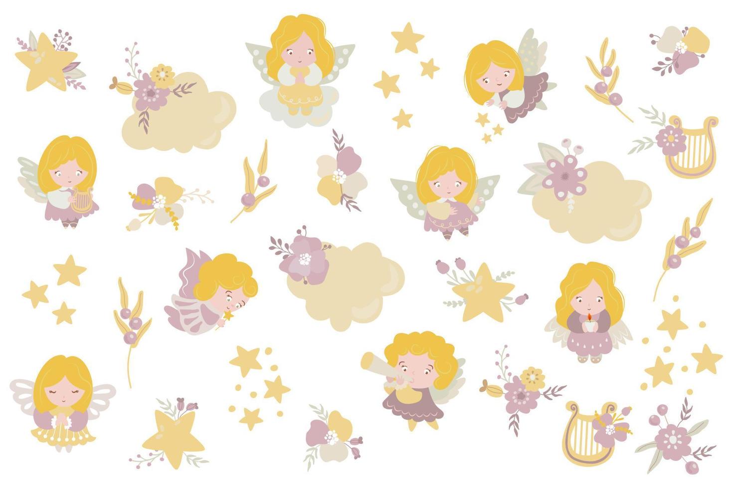 en uppsättning söta änglar, blommor, stjärnor, moln och harpor. vit bakgrund, isolera. vektor illustration