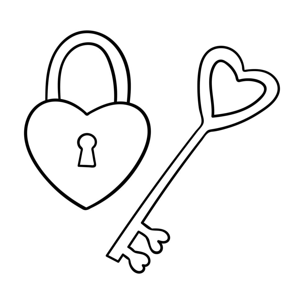 ein Schlüssel und ein Schloss in Form eines Herzens. dekoratives element zum valentinstag. Ein einfaches Entwurfsobjekt wird von Hand gezeichnet und auf einem weißen Hintergrund isoliert. schwarz-weiße Vektorillustration. vektor