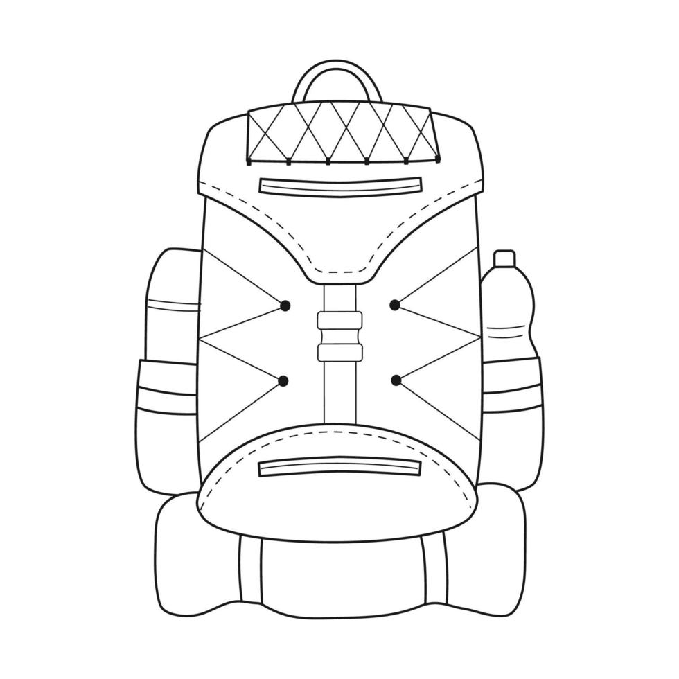 Doodle-Touristenrucksack mit Thermoskanne, Flasche und Reisematte. Ausrüstung für Angeln, Tourismus, Reisen, Camping, Wandern. umreißen Sie die Schwarzweiss-Vektorillustration, die auf einem weißen Hintergrund lokalisiert wird. vektor