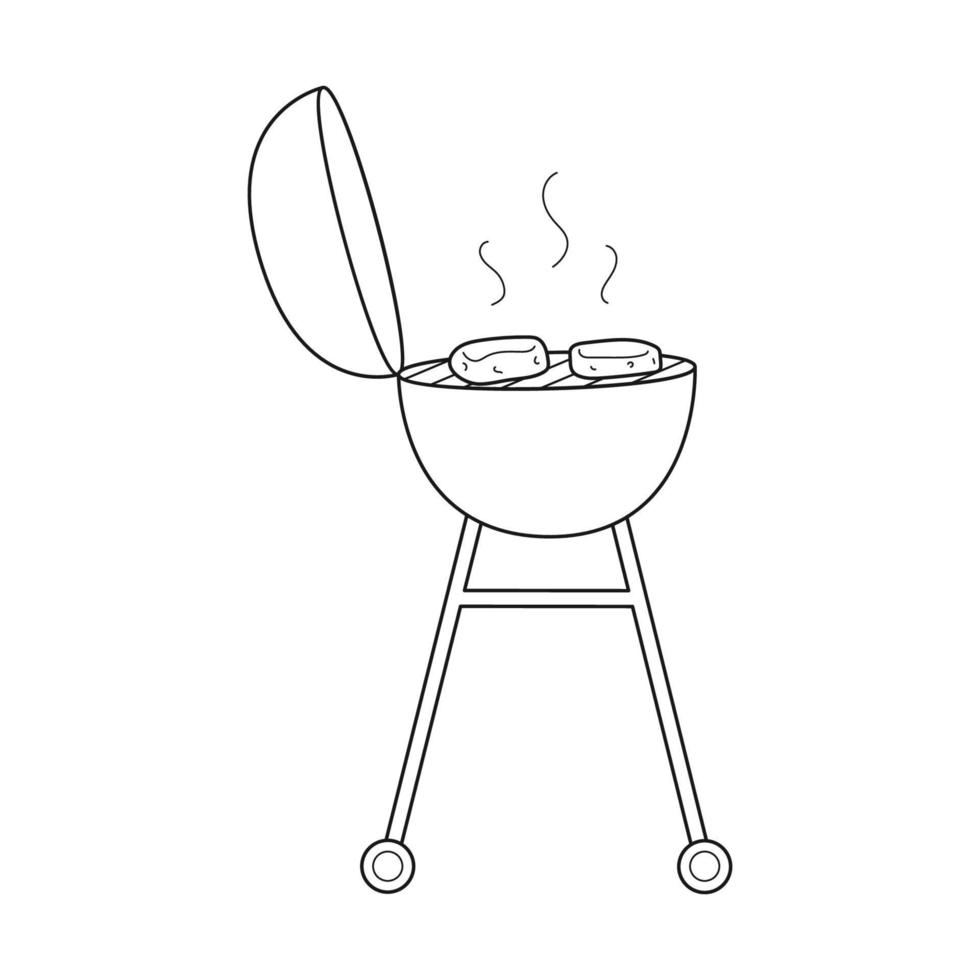 Doodle Grill, Grill mit Bratenfleisch, Steak. Grillausrüstung für eine Party, ein Picknick, einen Garten. Kochen auf Kohlen. umreißen Sie die Schwarzweiss-Vektorillustration, die auf einem weißen Hintergrund lokalisiert wird. vektor