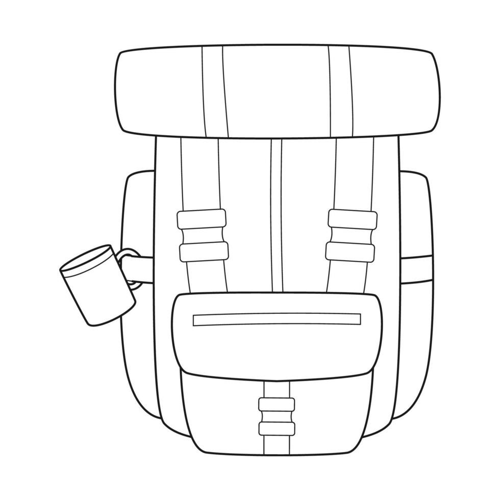 doodle turist ryggsäck med en mugg och en turist matta. utrustning för fiske, turism, resor, camping, vandring. kontur svart och vit vektorillustration isolerad på en vit bakgrund. vektor