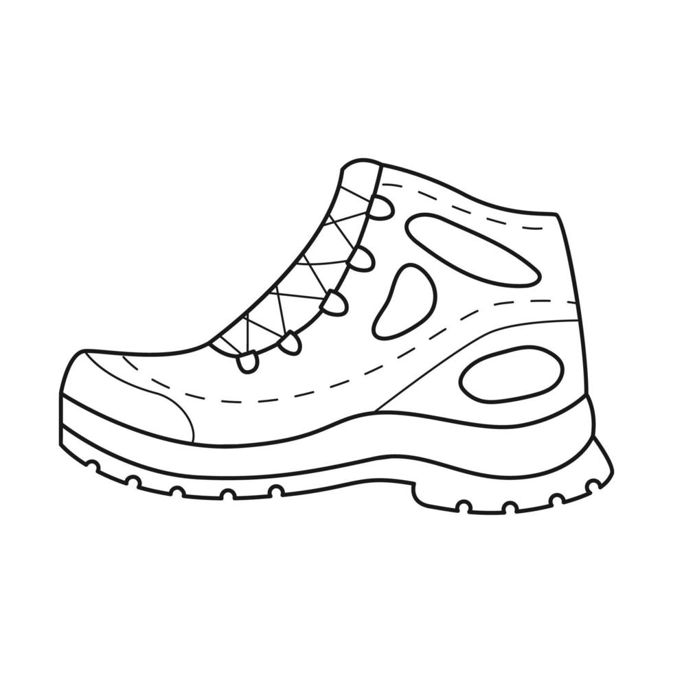 Doodle-Wanderschuhe. ein blauer schuh für touristenreisen mit einem speziellen profil auf der sohle. ausrüstung für tourismus, reise, picknick, wandern, sport.umriss schwarz-weiß-vektorillustration isoliert auf weiß vektor