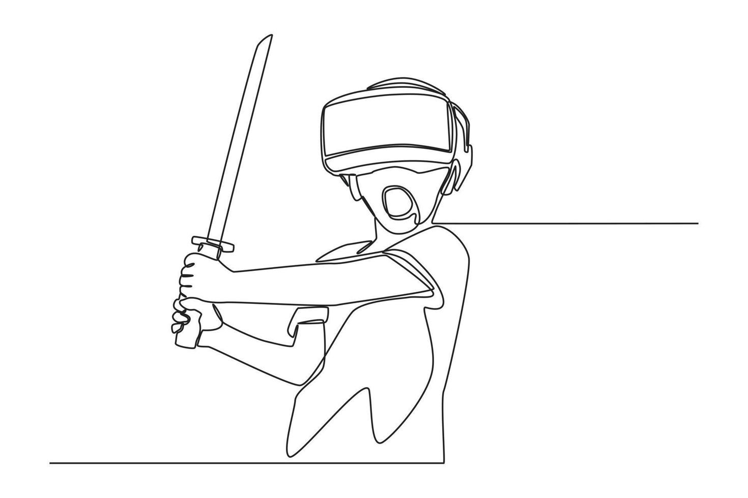 en kontinuerlig linjeteckning av barn som spelar virtuellt spel med vr-glasögon och långt svärd. virtuellt spelkoncept. enda rad rita design vektorgrafisk illustration. vektor