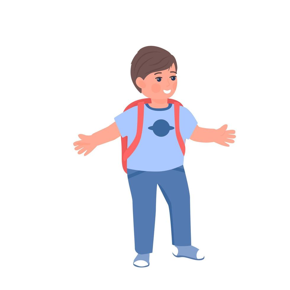 söt skolpojke med ryggsäck leende, platt tecknad vektorillustration isolerad på vit bakgrund. barn seriefigur går till skolan med ryggsäck. vektor