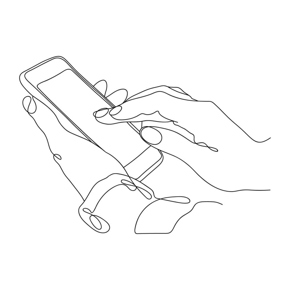 Umrisszeichnung von Händen mit einem Mobiltelefon. hände halten ein handy. einfache schwarz-weiß-zeichnung in einem linienstil. Informationen finden, Qualität bewerten, Feedback und Bewertungen hinterlassen. vektor