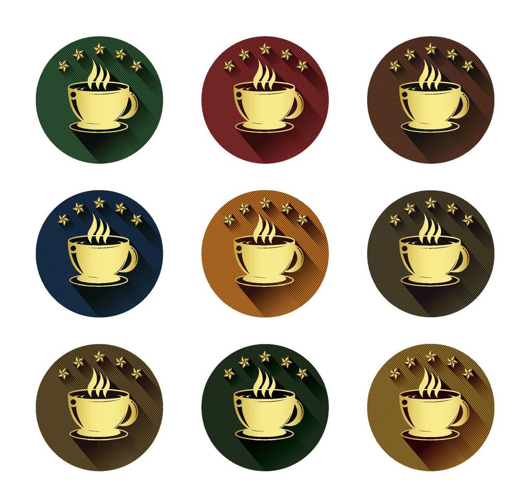 goldene kaffeetasse und fünf-sterne-symbole mit langem schatteneffekt vektor