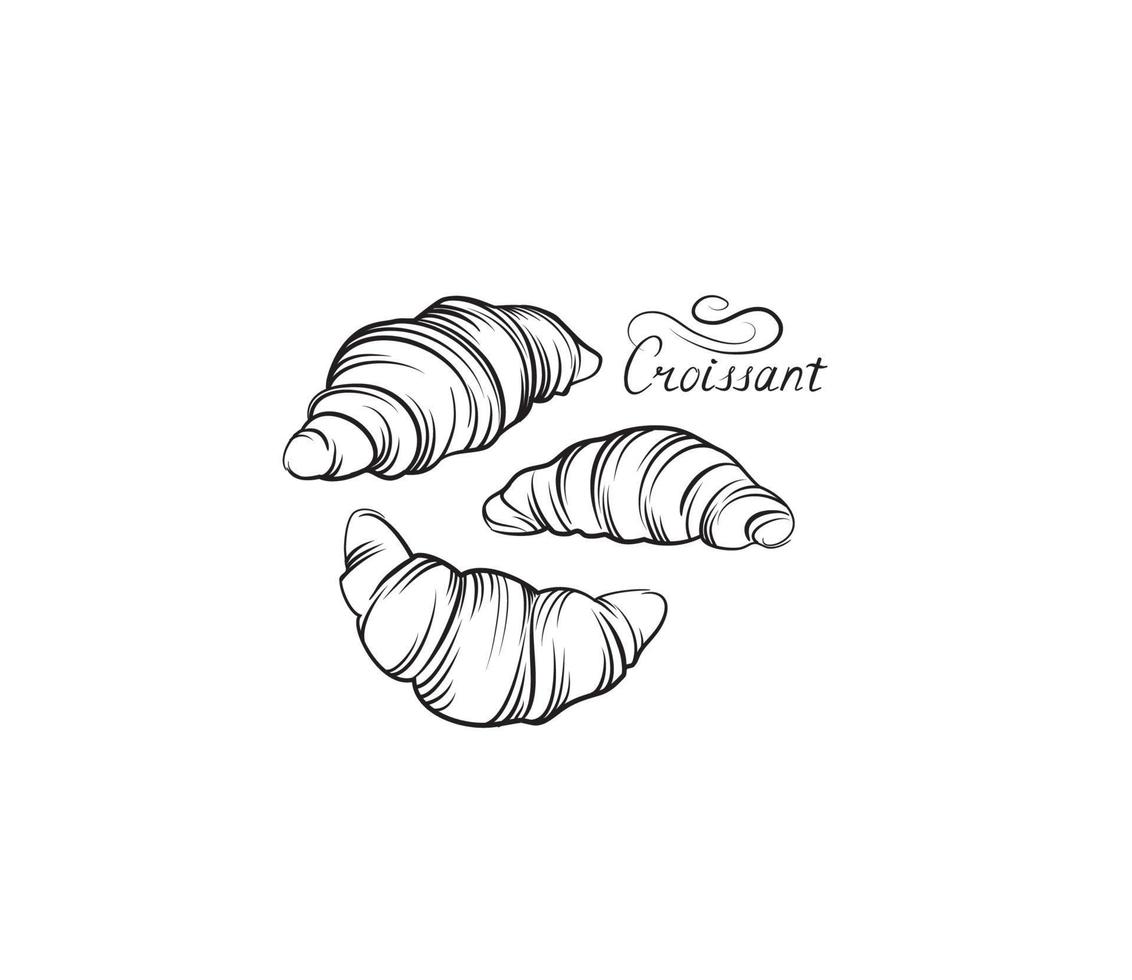 Croissant französisches Essen Icon-Set. Bäckerei Lebensmittel Handzeichnung Strichzeichnungen auf weißem Hintergrund. Kuchen zum Frühstücksbanner vektor