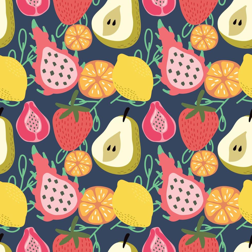 blanda frukter söt hand rita frukter seamless mönster färgglada frukter vektor