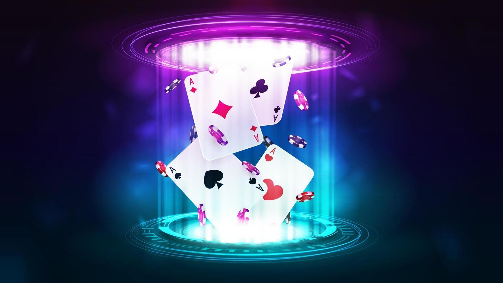 Casino-Spielkarten mit Pokerchips in rosa und blauem Hologramm digitaler Ringe in dunkler, leerer Szene vektor