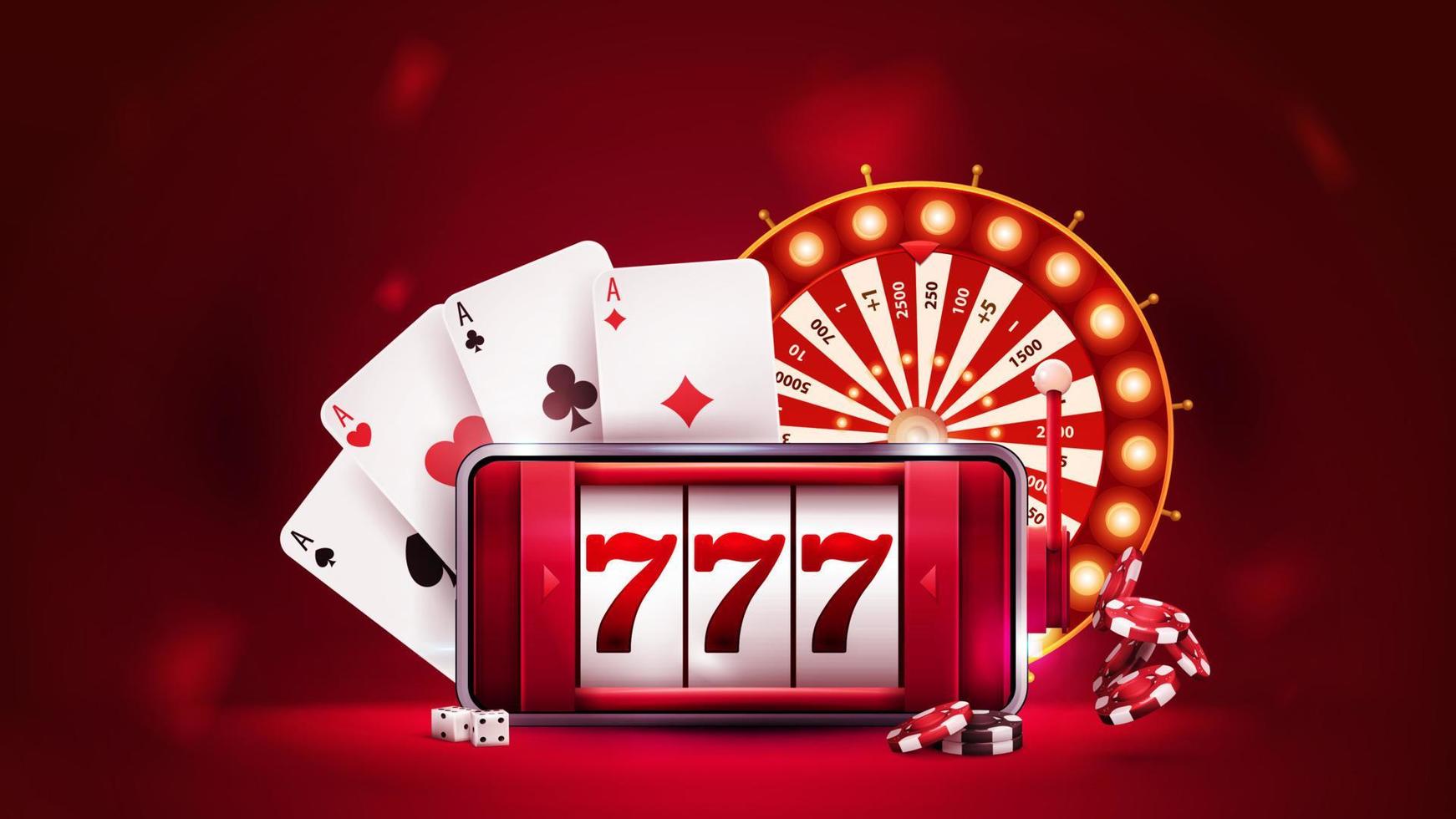 online-casino, rotes banner mit smartphone mit spielautomat auf dem bildschirm, casino-radvermögen, pokerchips und spielkarten. vektor