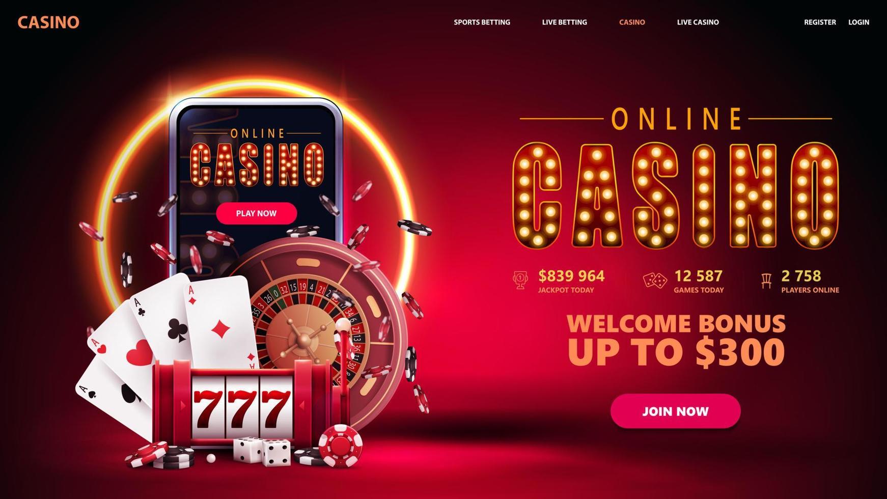 Online-Casino, rotes Einladungsbanner für Website mit Knopf, Smartphone, Spielautomat, Casino-Roulette, Pokerchips und Spielkarten in roter Szene mit orangefarbenem Neonring im Hintergrund. vektor