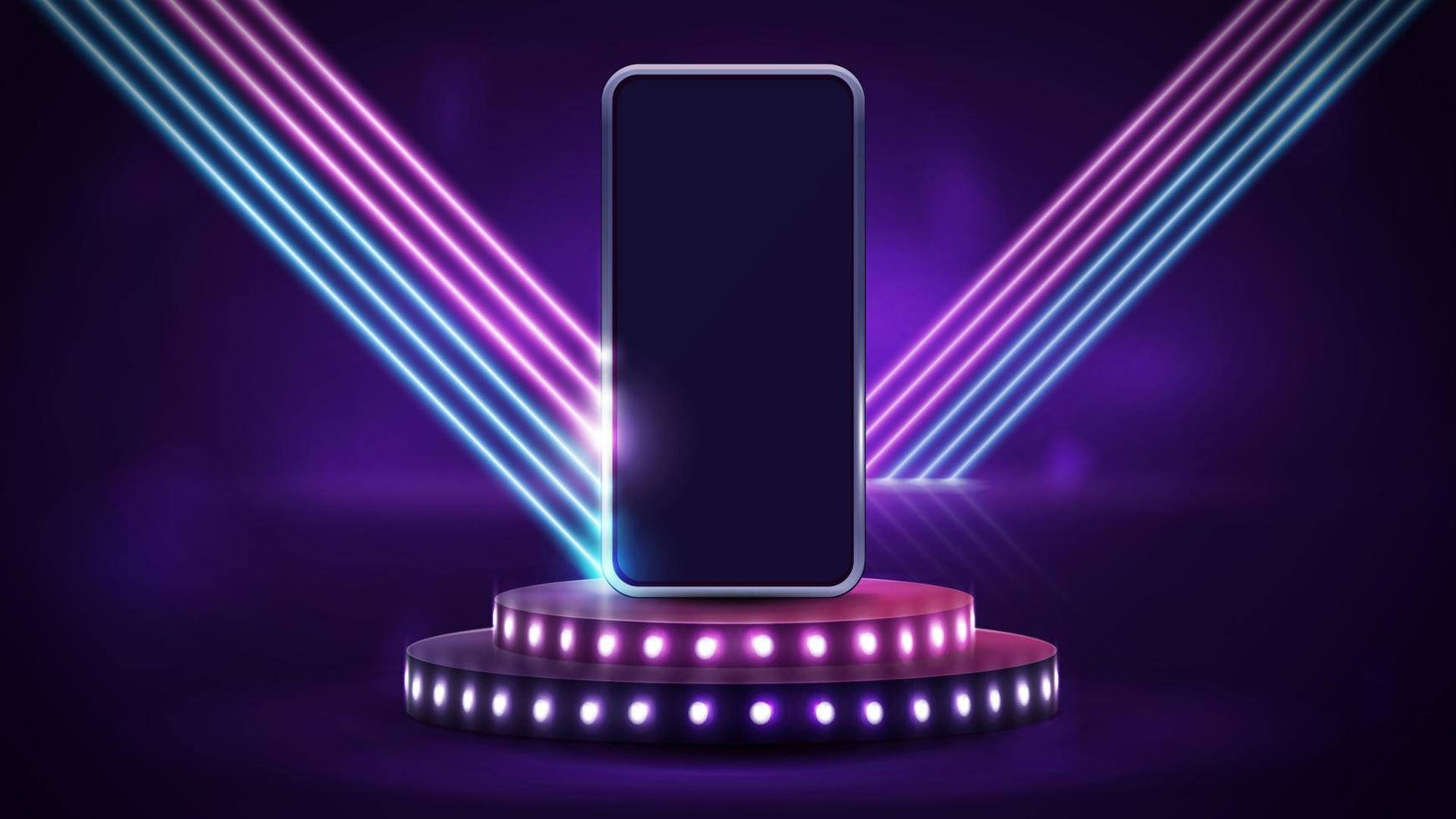 Smartphone auf dem Podium mit Glühbirnen in leerer violetter Szene mit diagonalen rosa und blauen Neonlampen im Hintergrund. vektor