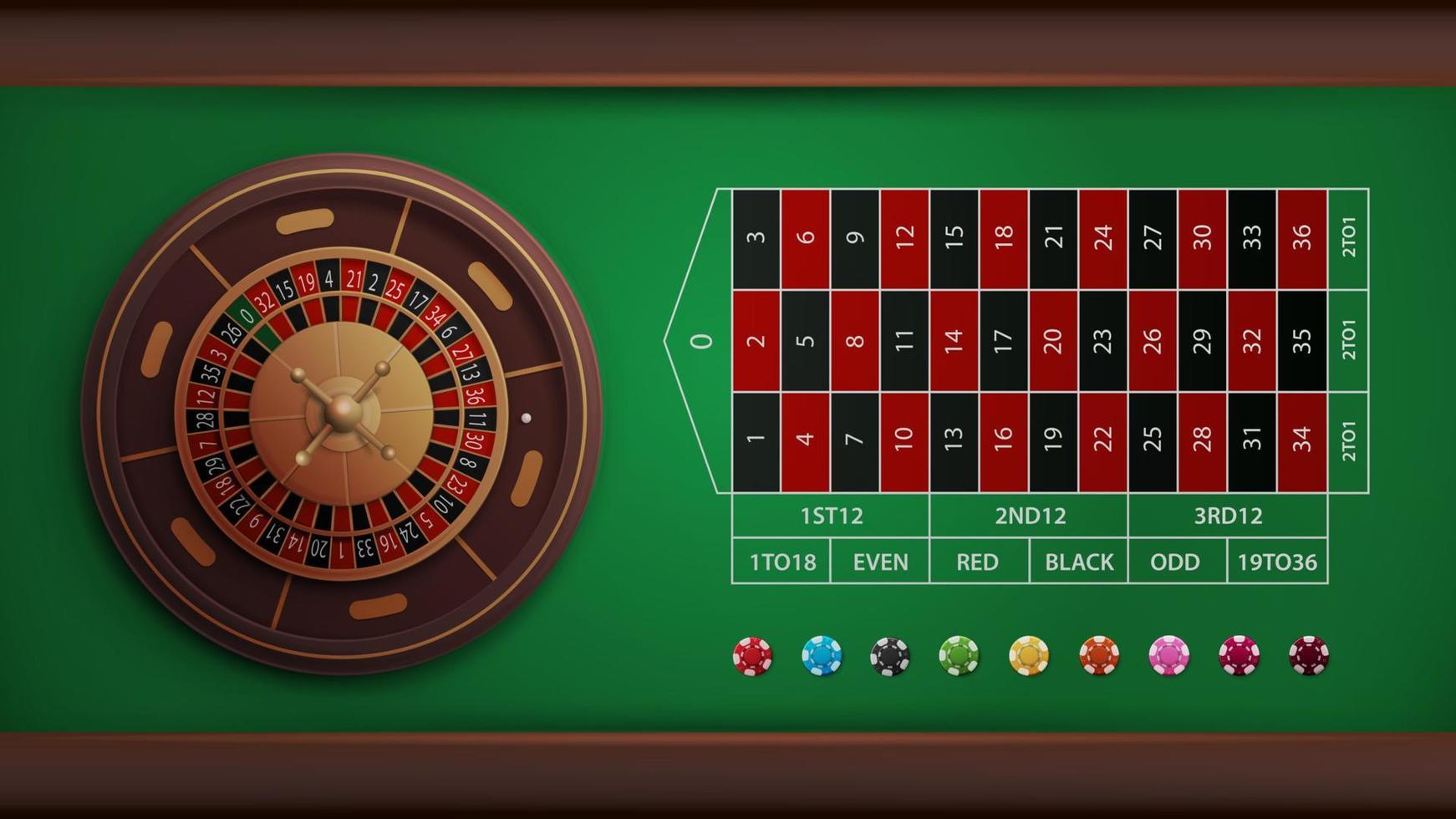 Casino-Roulette-Tisch mit Pokerchips, Draufsicht. realistische vektorillustration. vektor