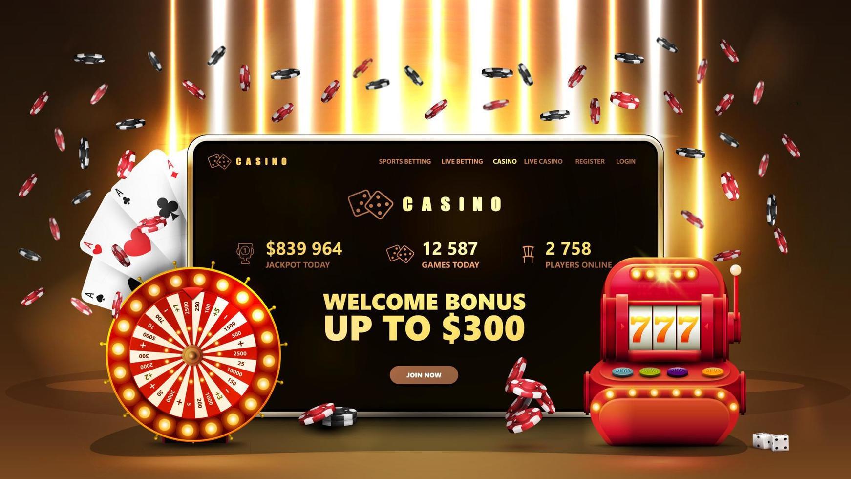 Online-Casino, Banner mit Tablet, Spielautomat, Casino-Glücksrad, Pokerchips und Spielkarten in Goldszene mit gelben vertikalen Lampen im Hintergrund vektor