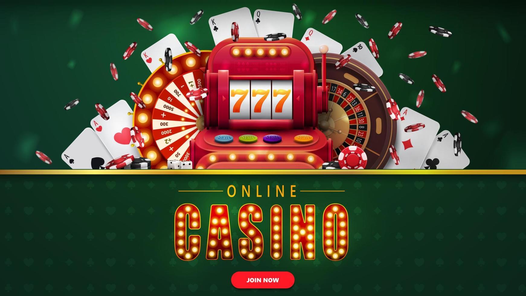 online-casino, grünes banner mit knopf, spielautomat, casino-radvermögen, roulette, fallende pokerchips und spielkarten. vektor