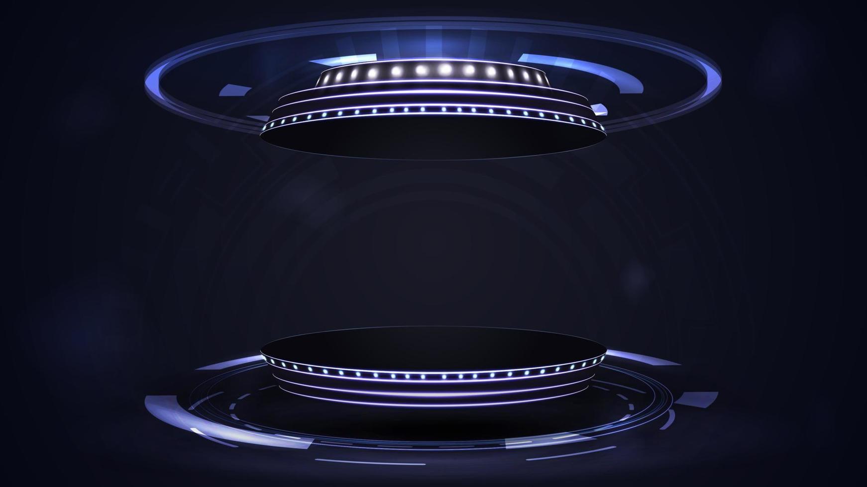 blaues digitales podium mit hologramm digitaler ringe im dunklen raum vektor