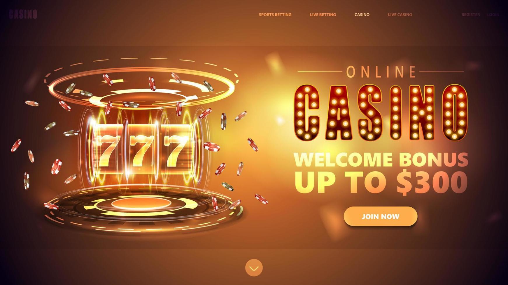 onlinekasino, guldbanner med knapp, välkomstbonus, neon casino spelautomat med jackpott, pokermarker och hologram av digitala ringar i guldscen vektor