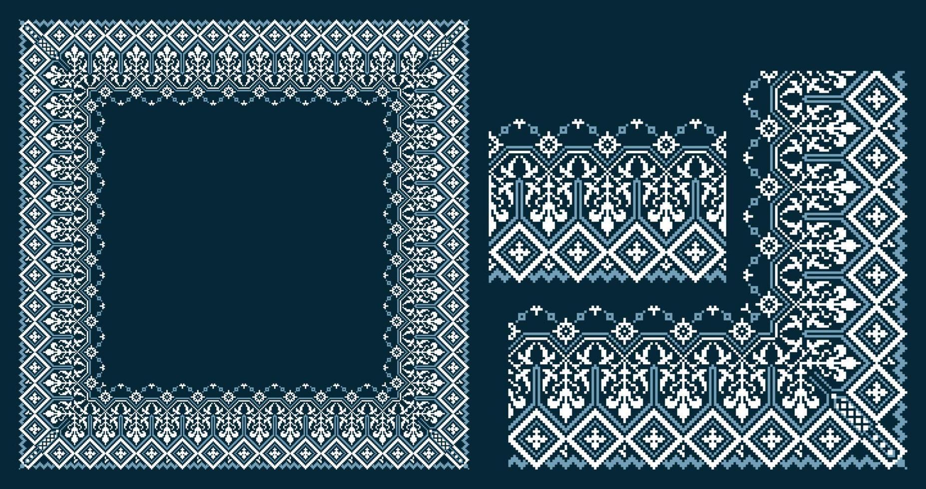 Spitzenrahmen, Ecke und Rand mit ukrainischer Stickerei Vyshyvanka Pixel oder quadratisch gestalteter filigraner Rahmen für klassisches Ornamentdesign vektor