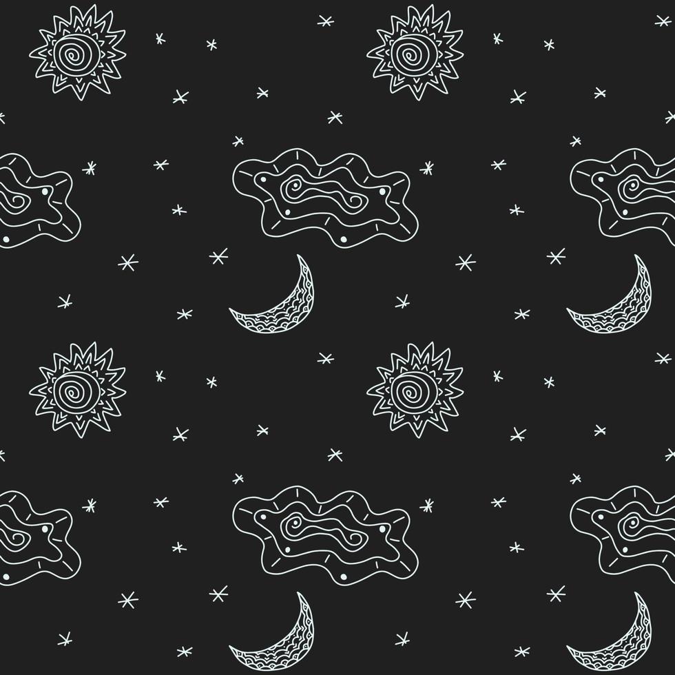 Nachthimmelmuster mit Sternen, Mond, Sonne, Wolke. niedliches einfaches abstraktes nahtloses Muster. Kachelbare Stammes-Textur für Design. Doodle-Vektor-Illustration vektor