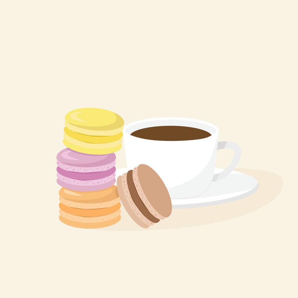 vit kopp kaffe och macaron på ljus bakgrund. vektor illustration
