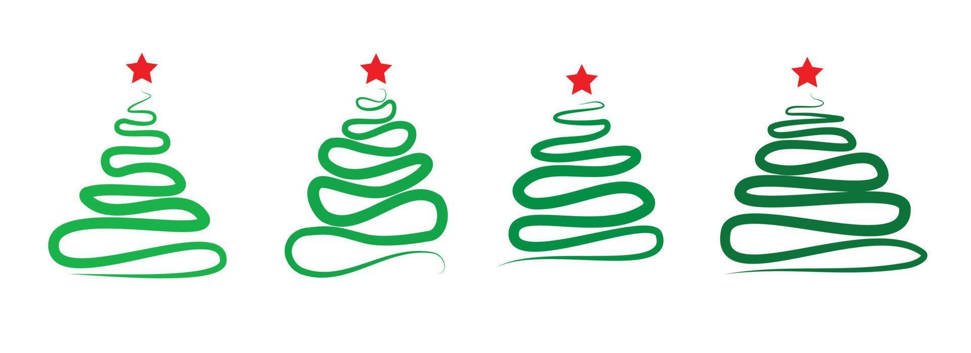 uppsättning färgglada gröna julgranar isolerad på vit bakgrund med röd stjärna vektor