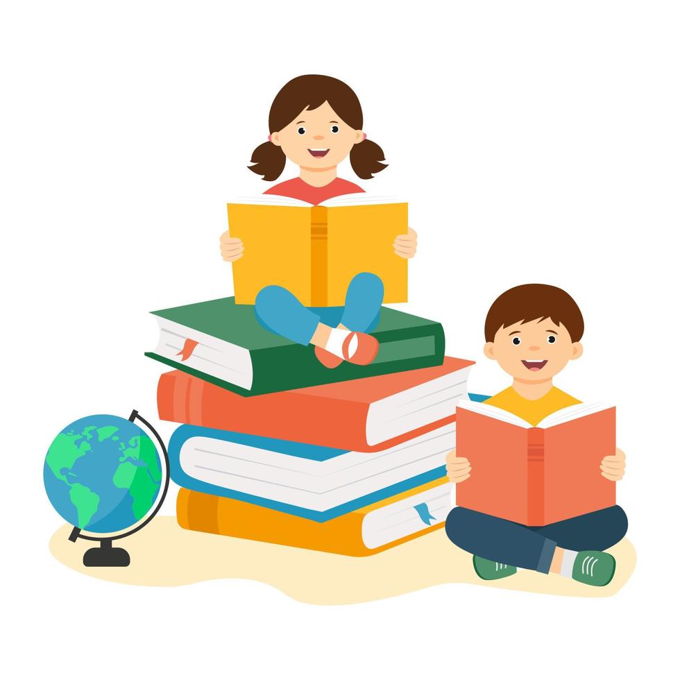 glada söta barn som håller öppna böcker och sitter på en hög med stora böcker. reading.vector koncept illustration.isolated på vit bakgrund vektor