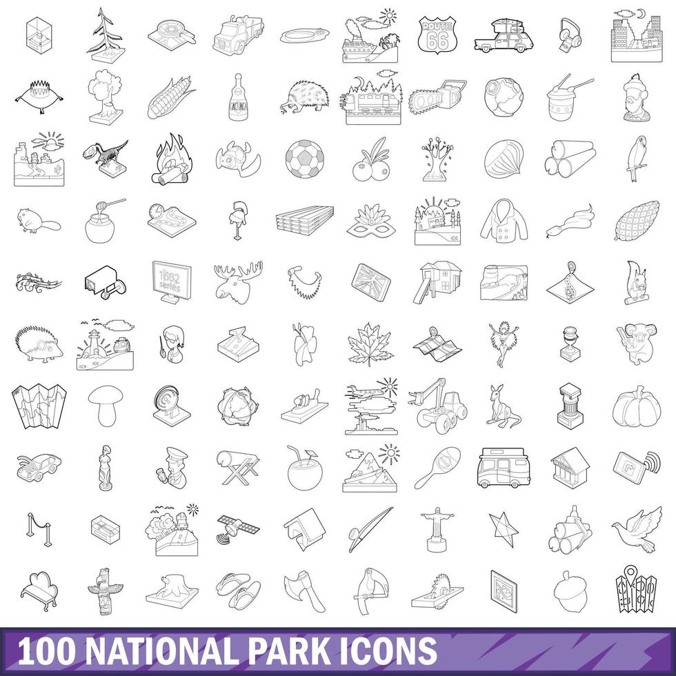 100 Nationalpark-Icons gesetzt, Umrissstil vektor