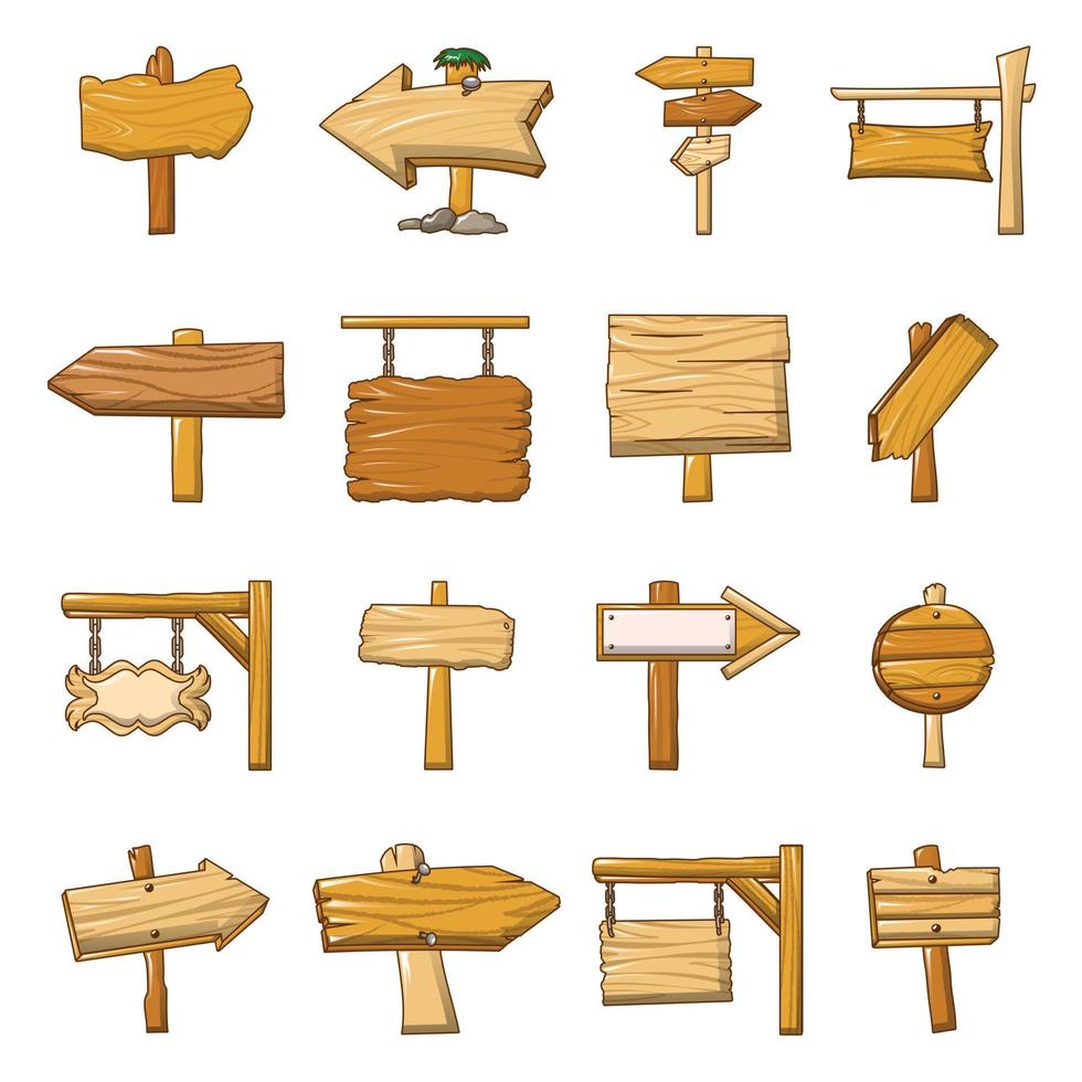 Wegweiser Straße aus Holz Icons Set, Cartoon-Stil vektor