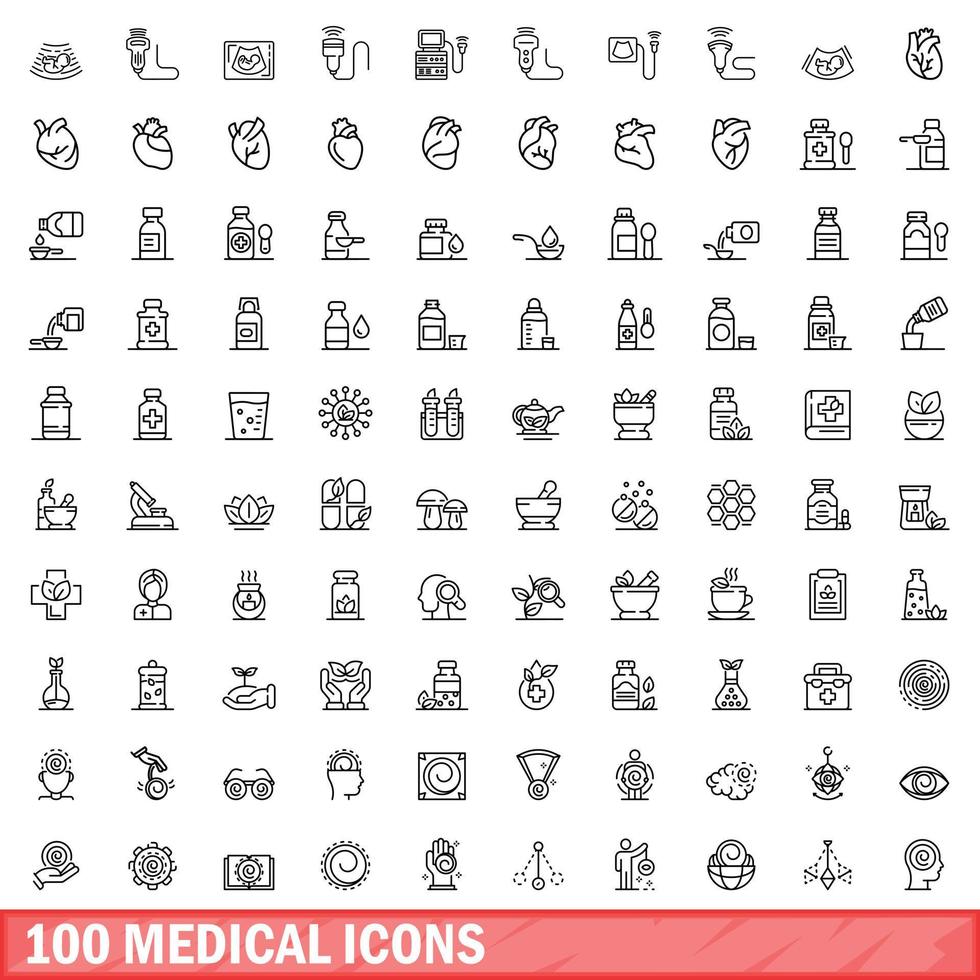 100 medicinska ikoner set, konturstil vektor