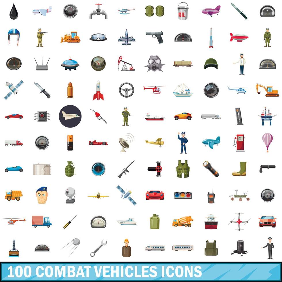 100 Symbole für Kampffahrzeuge im Cartoon-Stil vektor
