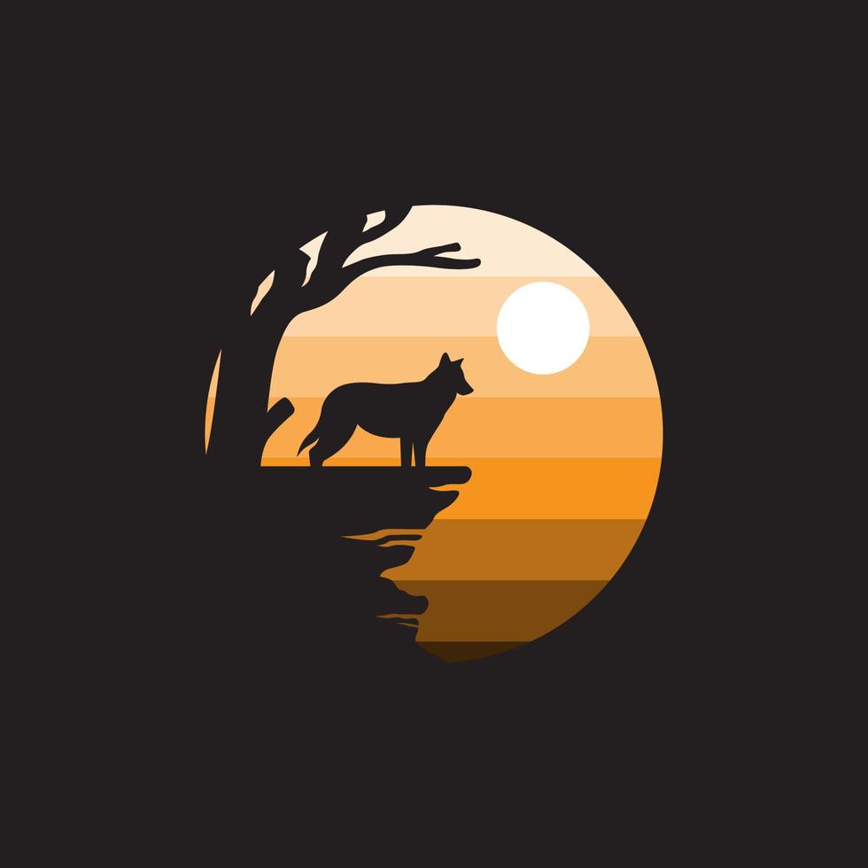 månen logotyp illustration med ylande varg med solnedgång design vektor
