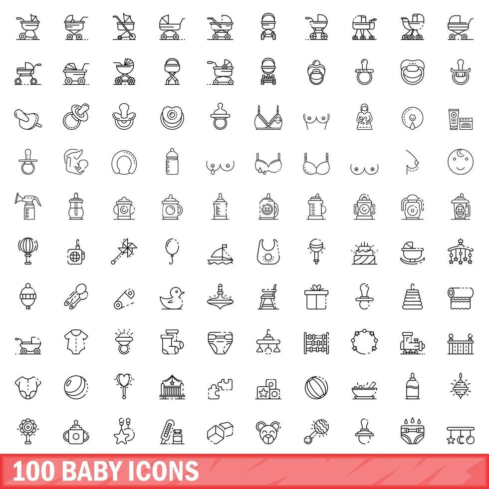 100 Baby-Icons gesetzt, Umrissstil vektor