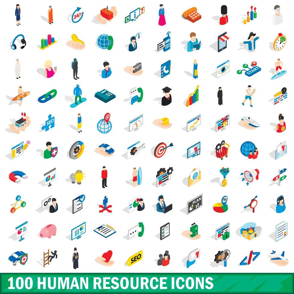 100 Human Resource Icons Set, isometrischer 3D-Stil vektor