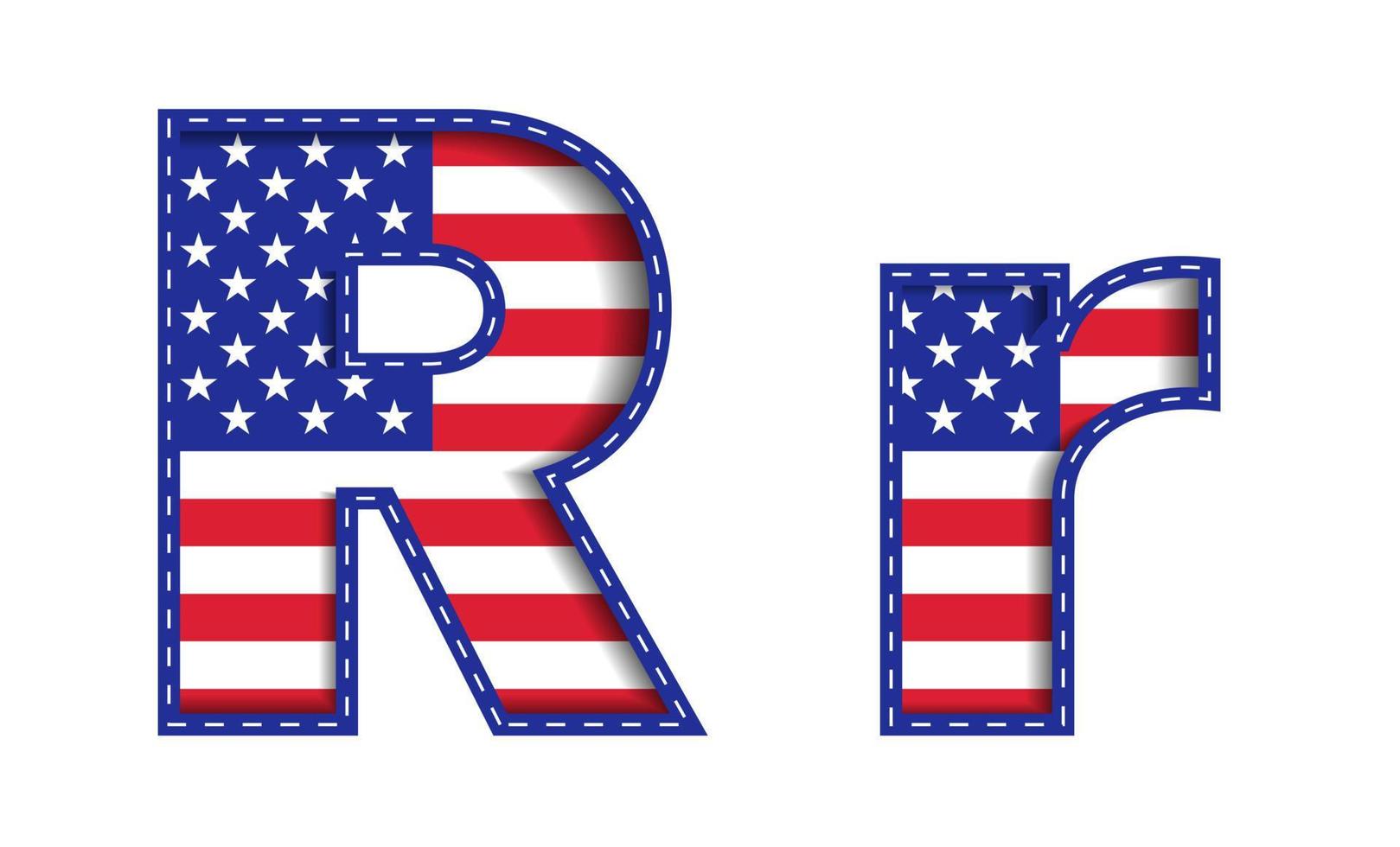 r alphabet großbuchstabe kleinbuchstabe usa unabhängigkeit gedenktag vereinigte staaten von amerika zeichen schriftart blau marine rot stern streifen nationalflagge weißer hintergrund 3d papierausschnitt vektorillustration vektor