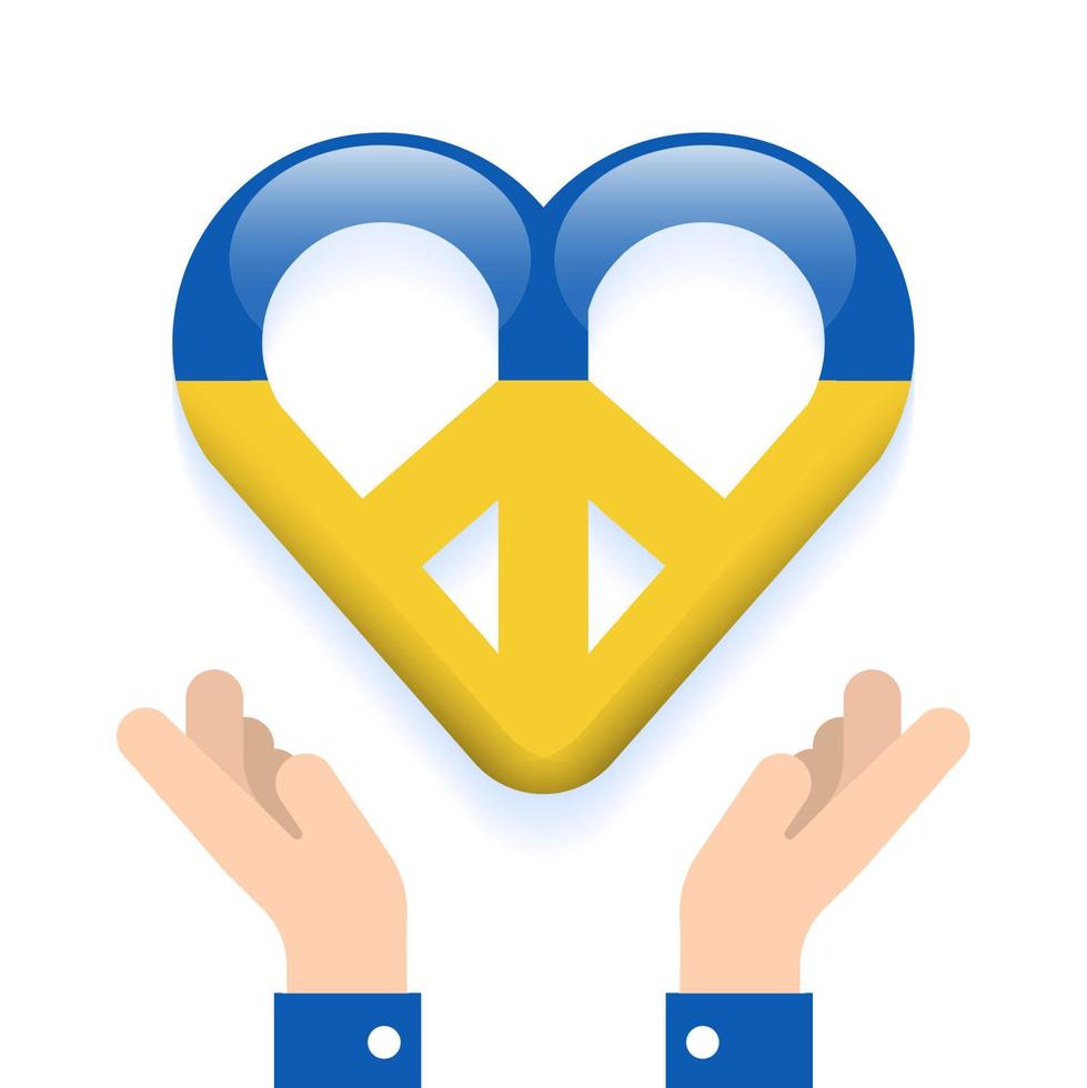 zwei Hände halten Herz Peace Zeichen Symbol beten für die Ukraine Land Liebe friedlich isoliert Flagge auf der Hand abstraktes Konzept 3d Karte Symbol Cartoon Vektor Illustration